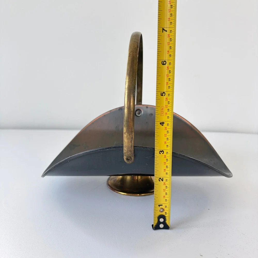 Vintage Mid Century Modern Mixed Metal Basket Brass Handle Pedestal Base Copper